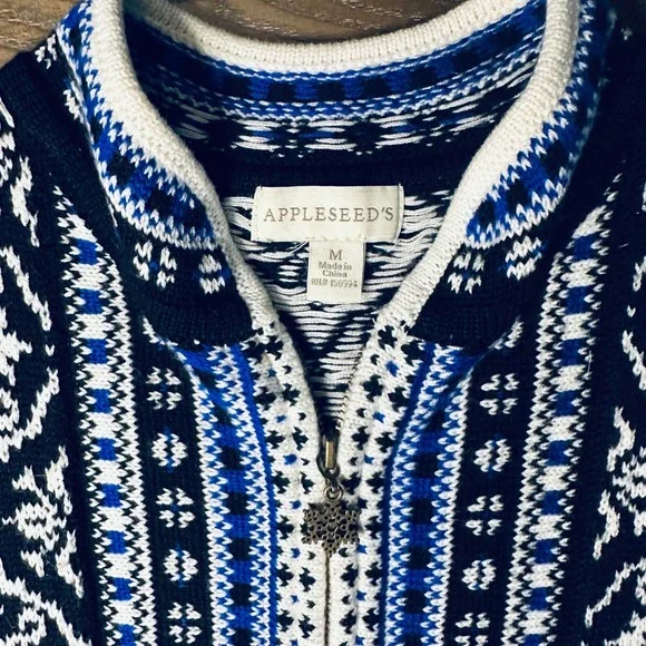 APPLESEEDS Women's Size M Fair Isle Knit Full Zip‎ Sweater Black Blue White - Picture 2 of 9